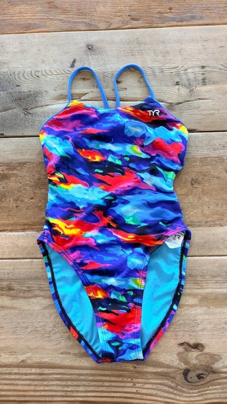 TYR Bright Multi Wave SIZE 28 Durafast Elite Cutout One Piece Swimsuit